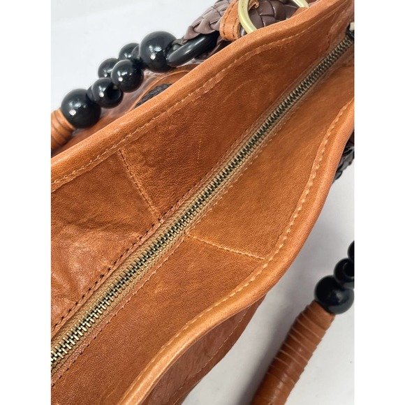 NEW NWT Roxbury Caramel Brown Distressed Leather Satchel Handbag Beads Handle - Picture 9 of 16